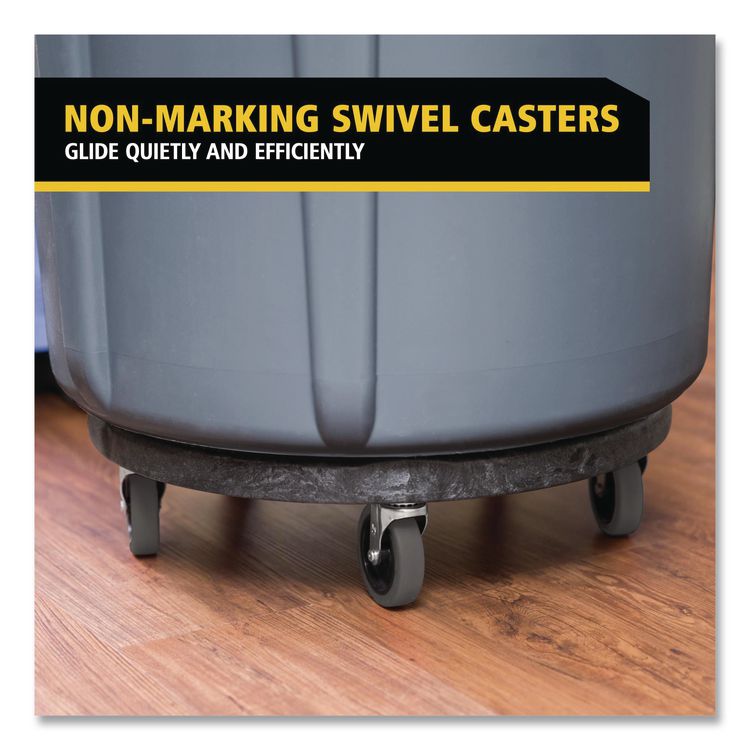 Brute Round Twist On/Off Dolly, 250 lb Capacity, 18" dia x 6.63"h, Fits 20 to 55 Gallon BRUTE Containers, Black