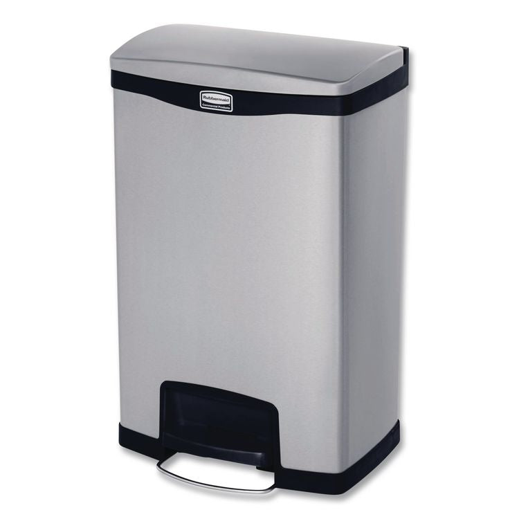 Slim Jim Stainless Steel Step-On Container, Front Step Style, 13 gal, Stainless Steel, Black