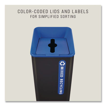 Sustain Decorative Refuse with Recycling Lid, 23 gal, Metal/Plastic, Black/Blue