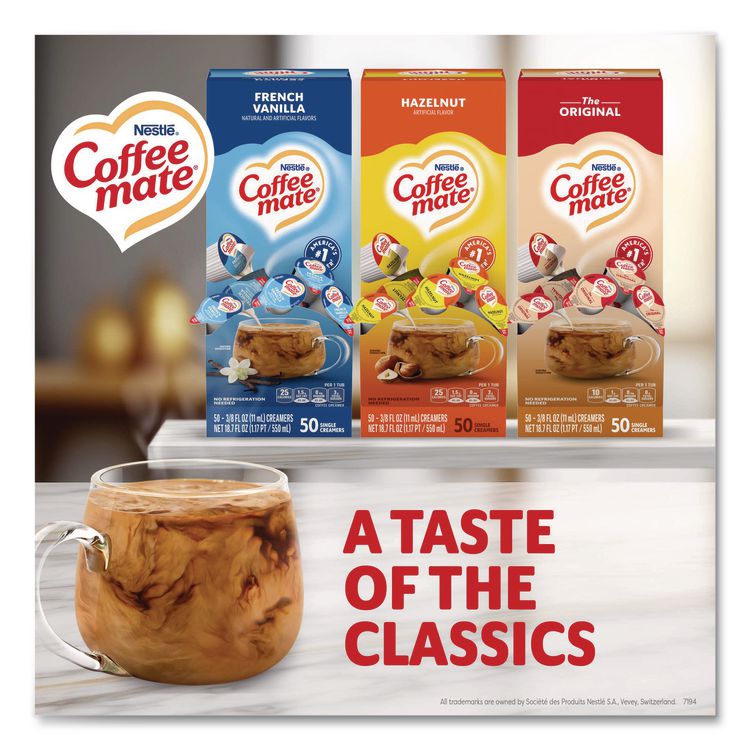 Liquid Coffee Creamer, Assorted Flavors, 0.38 oz Mini Cups, 150/Carton