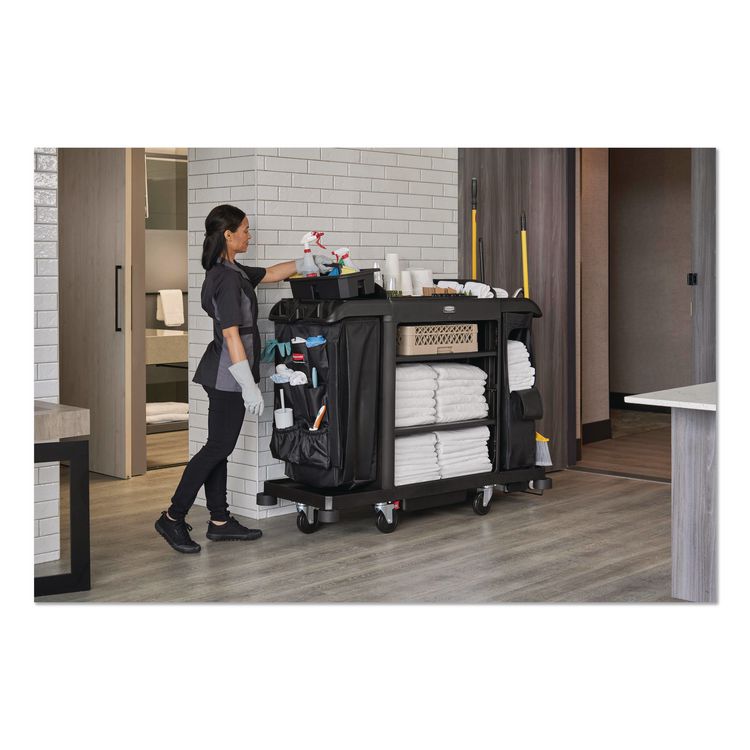 Full Size Housekeeping Cart with Accessory Bundle, Resin, 3 Shelves, 2 Bins, 24.4 x 62.4 x 49, Black