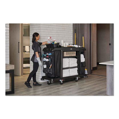 Full Size Housekeeping Cart with Accessory Bundle, Resin, 3 Shelves, 2 Bins, 24.4 x 62.4 x 49, Black