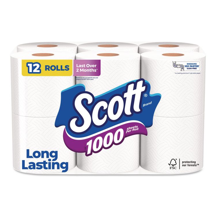 1000 Bathroom Tissue, Septic Safe, 1-Ply, White, 1,000 Sheets/Roll, 12 Rolls/Pack, 4 Packs/Carton