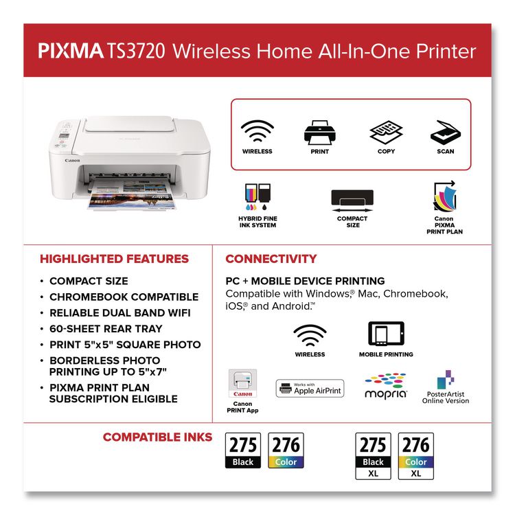 PIXMA TS3720 Inkjet Printer, Copy/Print/Scan