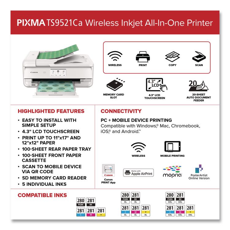 PIXMA TS9521Ca Inkjet Printer, Copy/Print/Scan