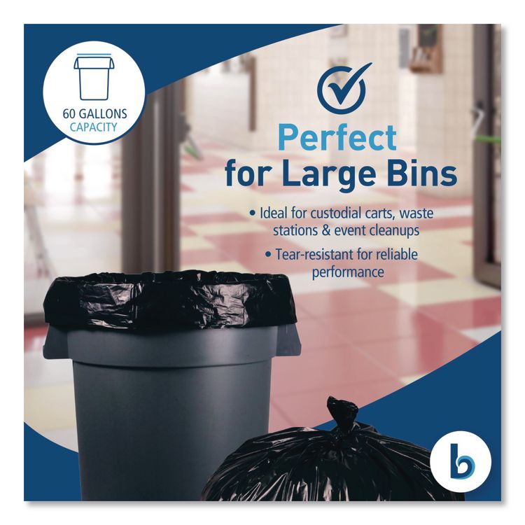 Reprocessed Resin Can Liners, 60 gal, 1.2 mil, 38 x 58, Black, 50 Bags/Carton