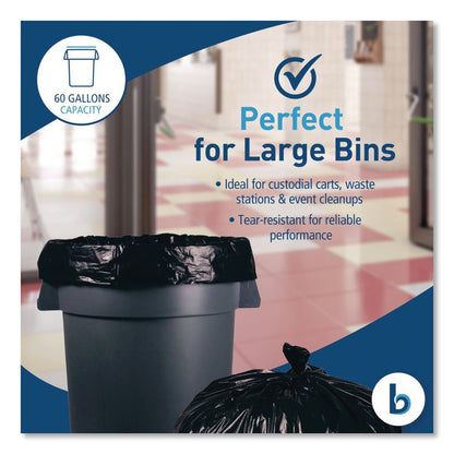 Reprocessed Resin Can Liners, 60 gal, 1.2 mil, 38 x 58, Black, 50 Bags/Carton