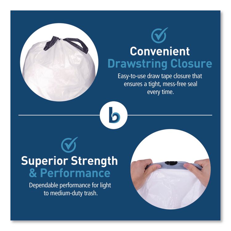 Drawstring Kitchen Bags/Liners, Drawstring, 13 gal, 24" x 28", White, 50 Bags/Roll, 2 Rolls/Carton