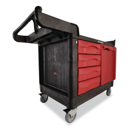 TradeMaster Cart with One Door, Plastic, 3 Shelves, 4 Drawers, 750 lb Capacity, 26.25" x 49" x 38", Black