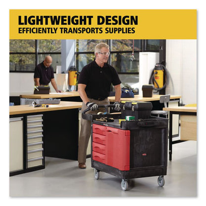 TradeMaster Cart with One Door, Plastic, 3 Shelves, 4 Drawers, 750 lb Capacity, 26.25" x 49" x 38", Black