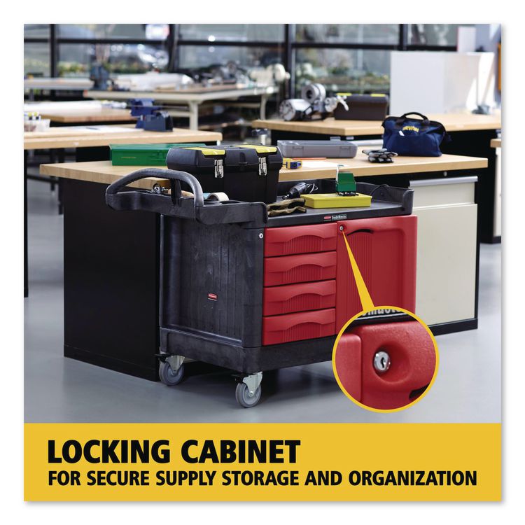 TradeMaster Cart with One Door, Plastic, 3 Shelves, 4 Drawers, 750 lb Capacity, 26.25" x 49" x 38", Black