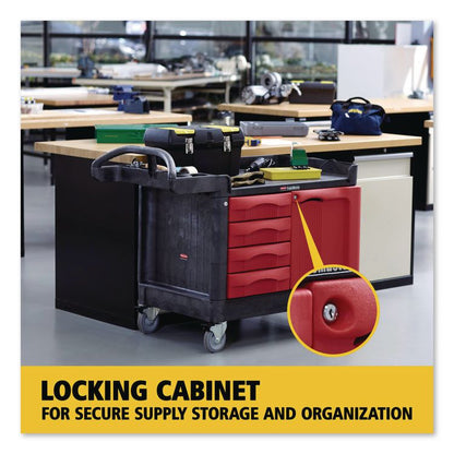 TradeMaster Cart with One Door, Plastic, 3 Shelves, 4 Drawers, 750 lb Capacity, 26.25" x 49" x 38", Black