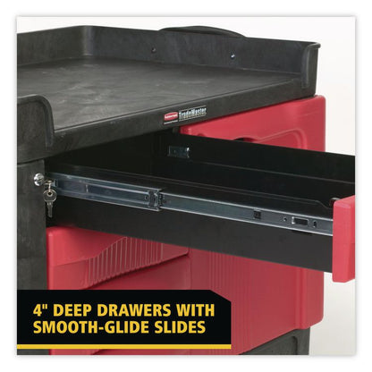 TradeMaster Cart with One Door, Plastic, 3 Shelves, 4 Drawers, 750 lb Capacity, 26.25" x 49" x 38", Black