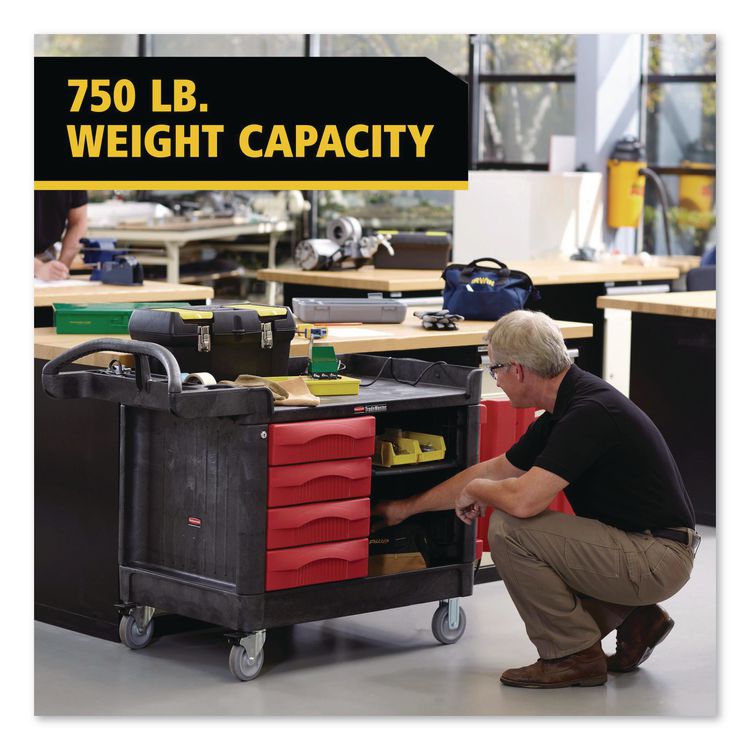 TradeMaster Cart with One Door, Plastic, 3 Shelves, 4 Drawers, 750 lb Capacity, 26.25" x 49" x 38", Black
