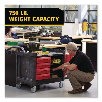 TradeMaster Cart with One Door, Plastic, 3 Shelves, 4 Drawers, 750 lb Capacity, 26.25" x 49" x 38", Black