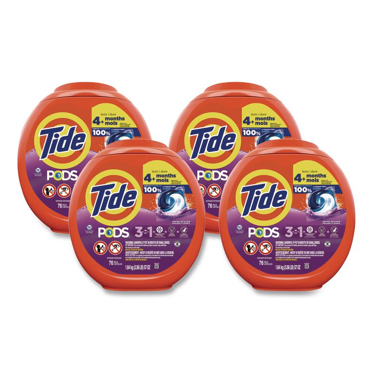 PODS Laundry Detergent, HE Compatible, Spring Meadow, 57 oz Tub, 76 Pacs/Tub, 4 Tubs/Carton