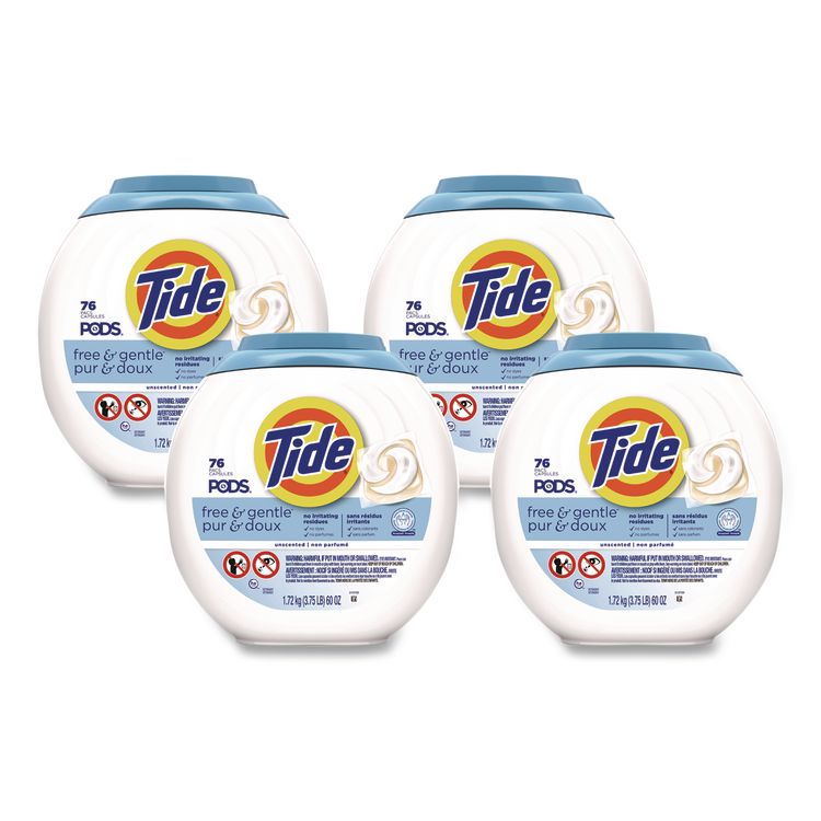 PODS Laundry Detergent, Free and Gentle, HE Compatible, 56 oz Tub, 76 Pacs/Tub, 4 Tubs/Carton