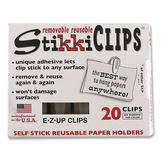 StikkiCLIPS, Adhesive Back, 40 Sheet Capacity, White, 20/Pack