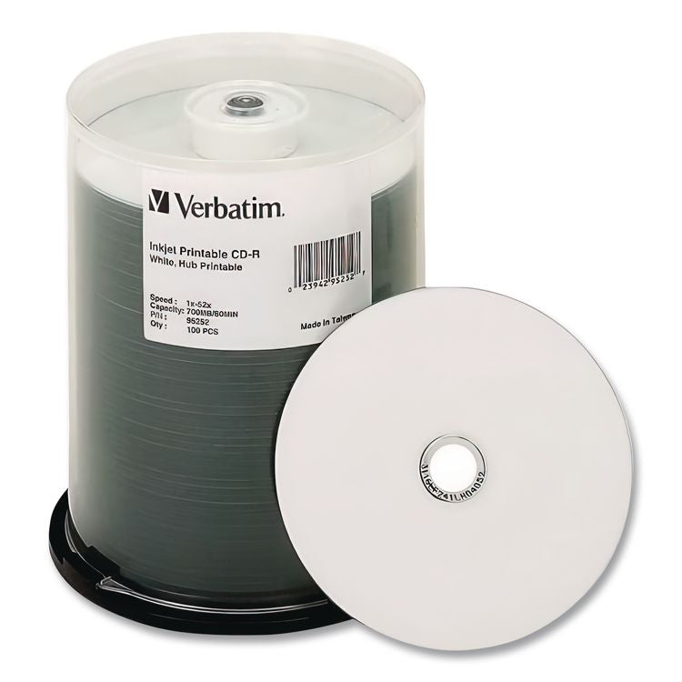 CD-R Printable Recordable Disc, 700 MB, 52x, Spindle, White, 100/Pack