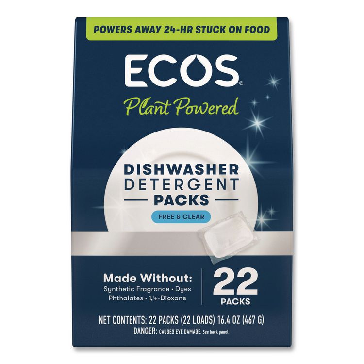 Dishwasher Detergent Packs, Free and Clear Scent, 16.4 oz Pack, 22 Pods/Pack, 6 Packs/Carton