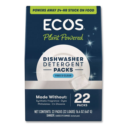 Dishwasher Detergent Packs, Free and Clear Scent, 16.4 oz Pack, 22 Pods/Pack, 6 Packs/Carton