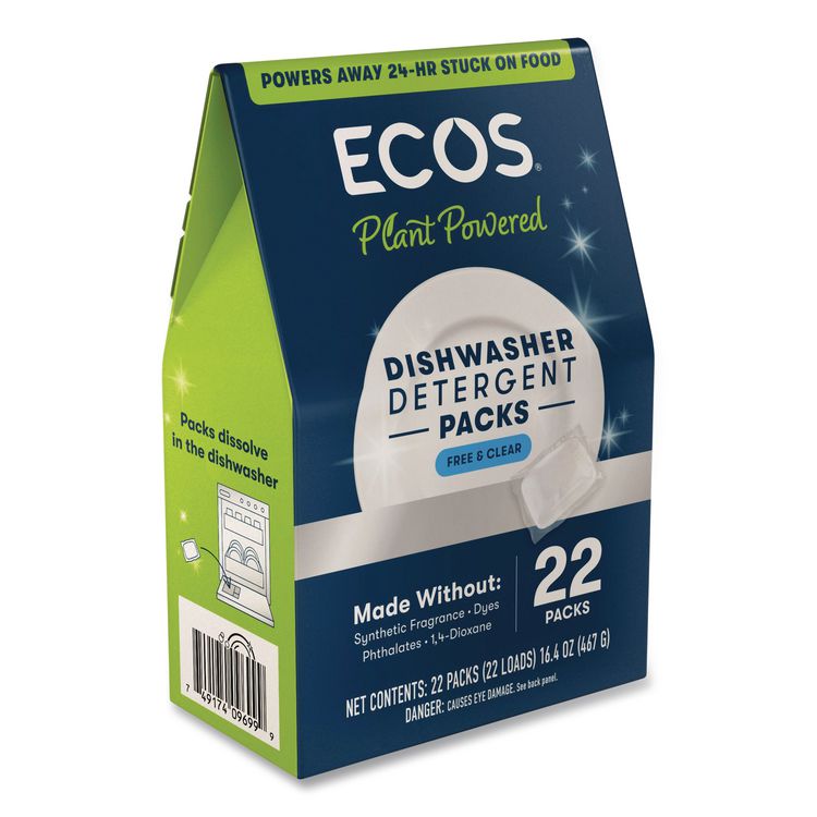 Dishwasher Detergent Packs, Free and Clear Scent, 16.4 oz Pack, 22 Pods/Pack, 6 Packs/Carton