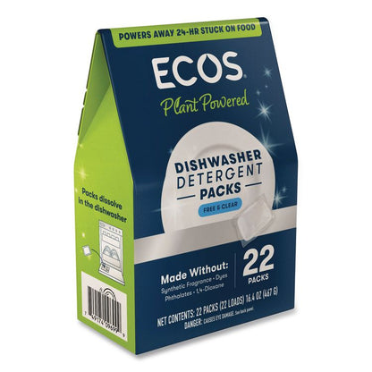 Dishwasher Detergent Packs, Free and Clear Scent, 16.4 oz Pack, 22 Pods/Pack, 6 Packs/Carton