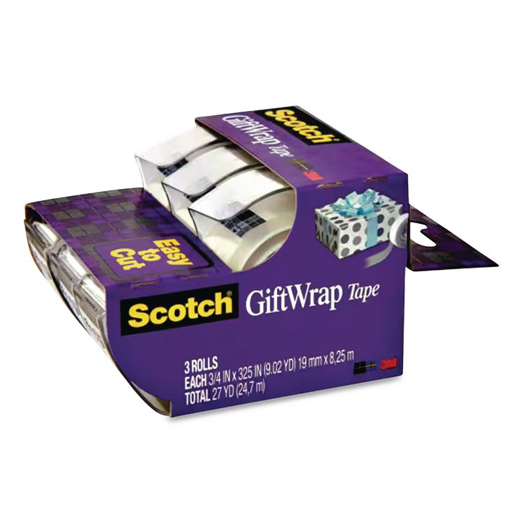 Gift Wrap Tape with Dispenser, 1" Core, 0.75" x 300", Transparent, 3/Pack