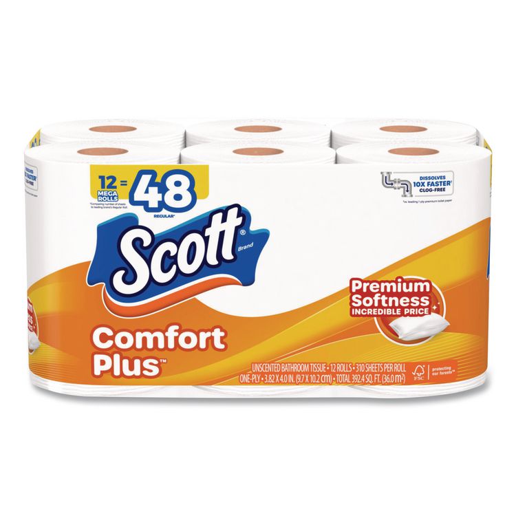 ComfortPlus Toilet Paper Mega Rolls, Septic Safe, 1-Ply, White, 310 Sheets, 12 Mega Rolls/Carton