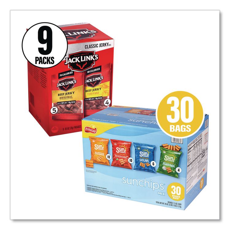 Sunchips and Jack Link's Beef Jerky Variety Pack, (30) 1.5 oz Bags, (9) 0.9 oz Snack Packs, Assorted Flavors/Bundle