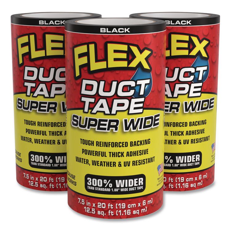 Flex Super Wide Duct Tape, 4" Core, 39 mil Thick, 7.5" x 20 ft, Black, 3/Carton