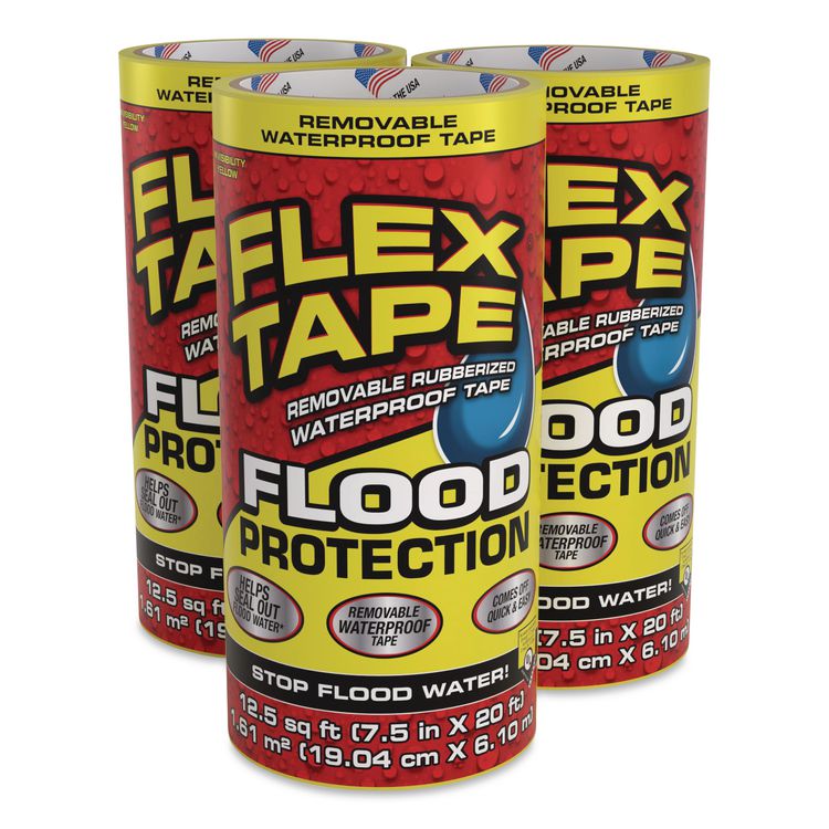 Flex Tape Removable Rubberized Waterproof Flood Protection Tape, 7.5" x 20 ft, Yellow, 3/Carton