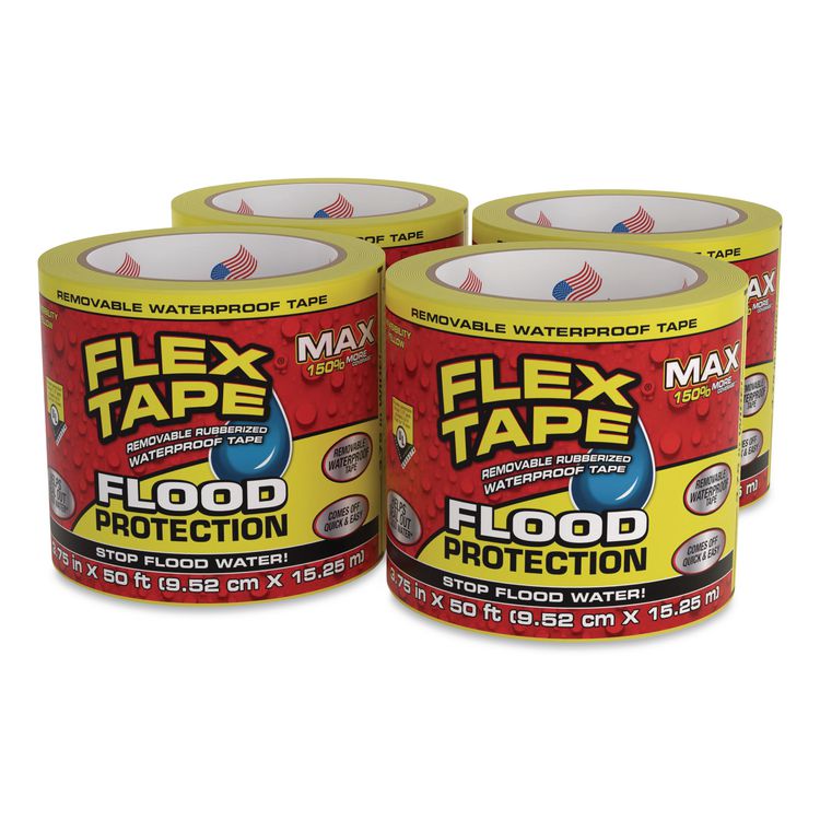 Flex Tape Removable Rubberized Waterproof Flood Protection Tape, 3.75" x 50 ft, Yellow, 4/Carton