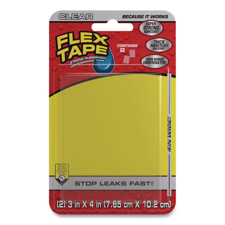 Flex Tape Strong Rubberized Waterproof Tape, 39 mils Thick, 4" x 3", Clear, 2 Patches/Pack, 24/Carton