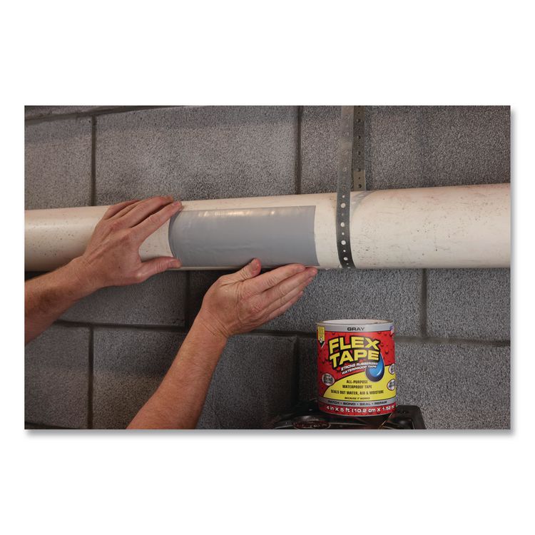 Flex Tape Strong Rubberized Waterproof Tape, 4" Core, 39 mil Thick, 4" x 5 ft, Gray, 4/Carton