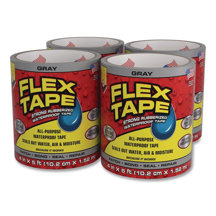 Flex Tape Strong Rubberized Waterproof Tape, 4" Core, 39 mil Thick, 4" x 5 ft, Gray, 4/Carton