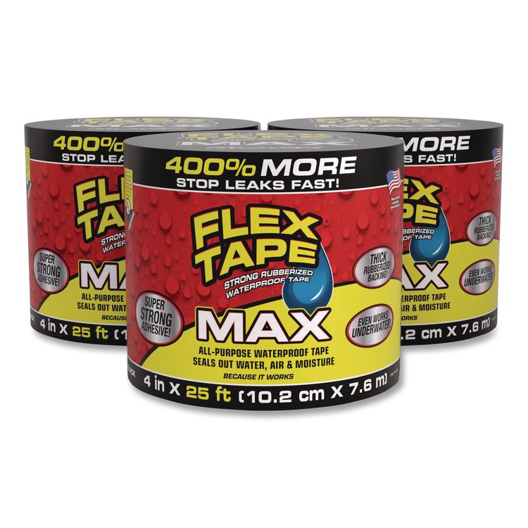MAX Strong Rubberized Waterproof Tape, 4" Core, 39 mils Thick, 4" x 25 ft, Black, 3/Carton