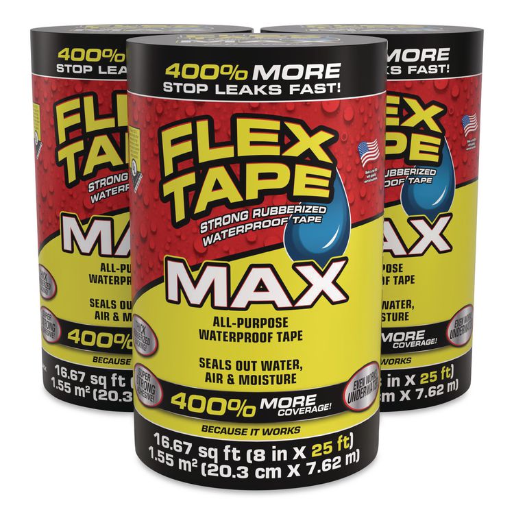 MAX Strong Rubberized Waterproof Tape, 4" Core, 39 mils Thick, 8" x 25 ft, Black, 3/Carton