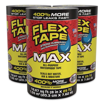 MAX Strong Rubberized Waterproof Tape, 4" Core, 39 mils Thick, 8" x 25 ft, Black, 3/Carton
