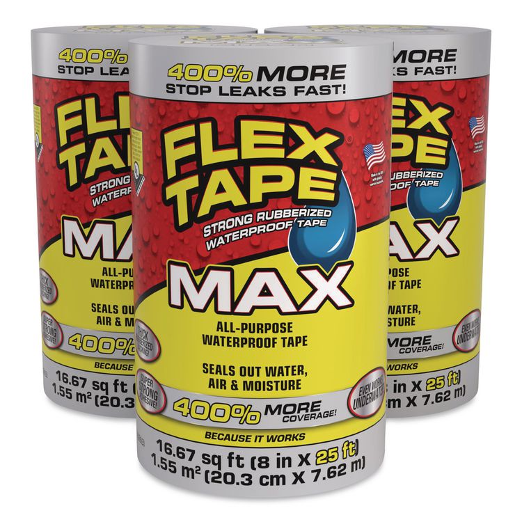 MAX Strong Rubberized Waterproof Tape, 4" Core, 39 mils Thick, 8" x 25 ft, Clear, 3/Carton