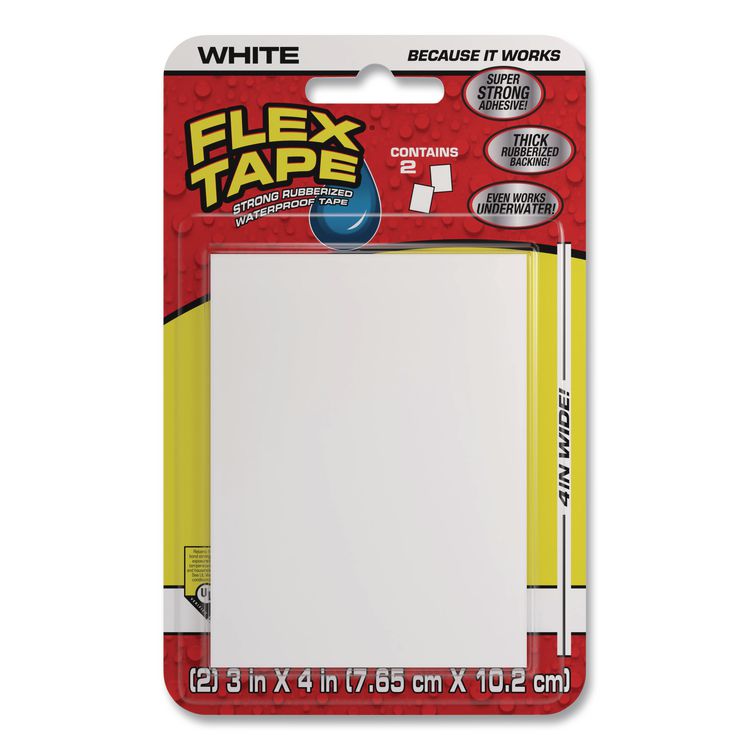 Flex Tape Strong Rubberized Waterproof Tape, 39 mils Thick, 4" x 3", White, 2 Patches/Pack, 24/Carton