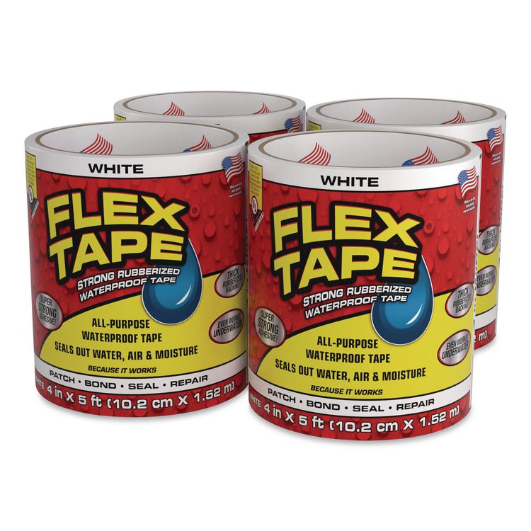 Flex Tape Strong Rubberized Waterproof Tape, 4" Core, 39 mil Thick, 4" x 5 ft, White, 4/Carton