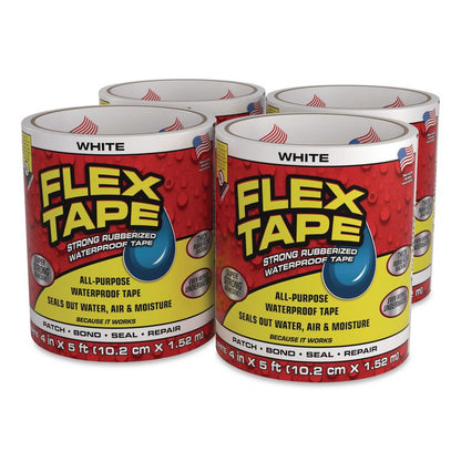 Flex Tape Strong Rubberized Waterproof Tape, 4" Core, 39 mil Thick, 4" x 5 ft, White, 4/Carton