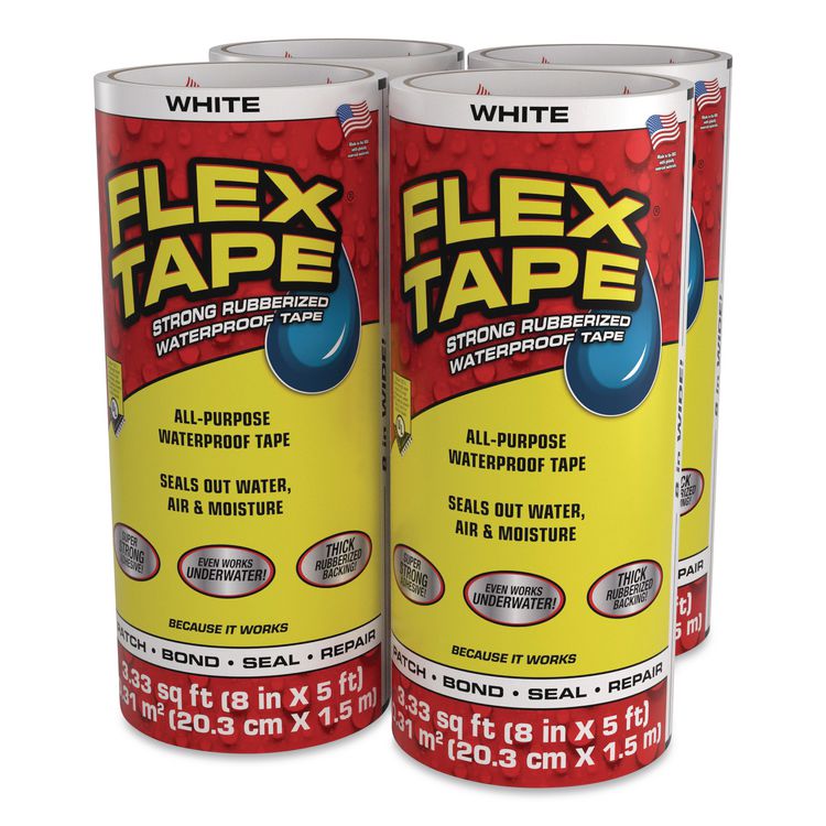 Flex Tape Strong Rubberized Waterproof Tape, 4" Core, 39 mil Thick, 8" x 5 ft, White, 4/Carton