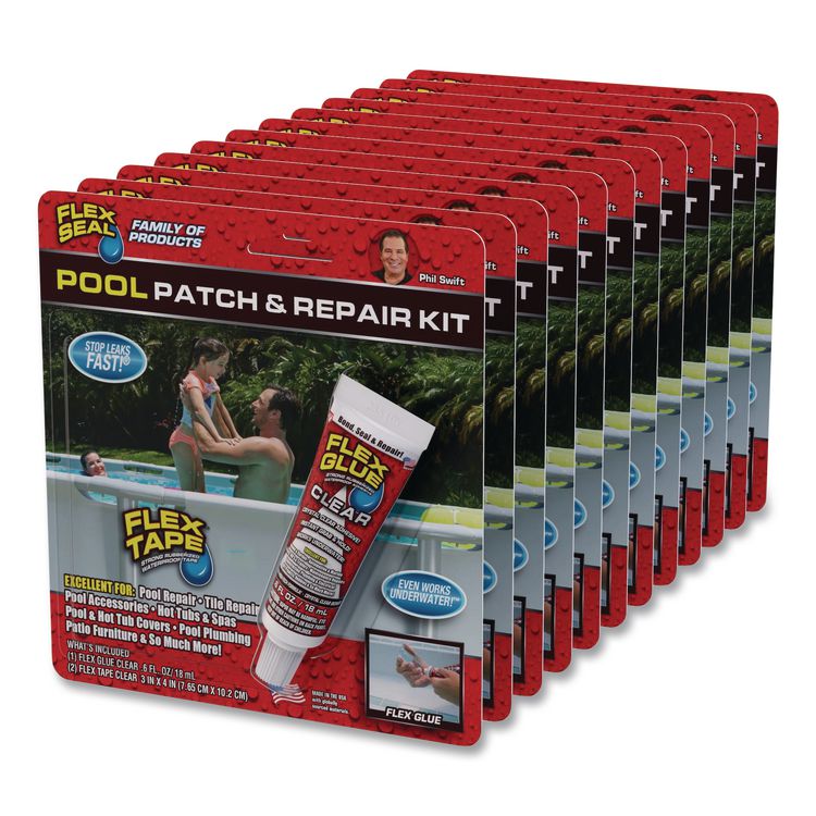 Pool Patch and Repair Kit, Flex Glue Mini Clear 0.6 oz Tube and (2) Flex Tape Mini Clear Patches 3" x 4", 12/Carton