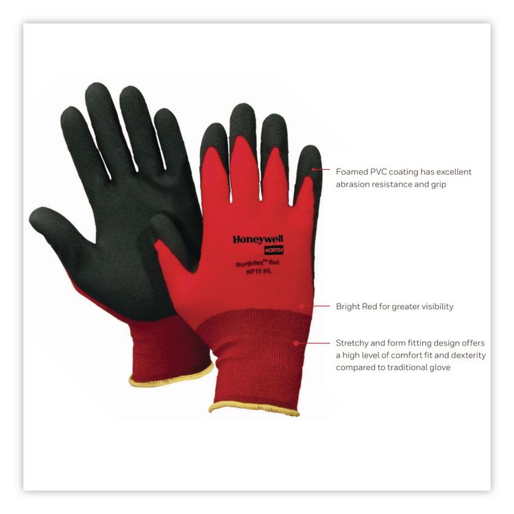 NorthFlex Red Foamed PVC Palm Coated Gloves, EN388: 4131, 10" Long, Medium (Size 8), Red/Black, 12 Pairs