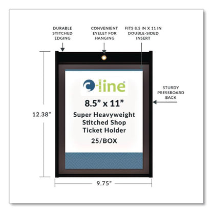 Stitched Shop Ticket Holders, Super Heavy-Duty, 8.5 x 11 Insert, Clear Front, Black Pressboard Back, Black Border, 25/Box