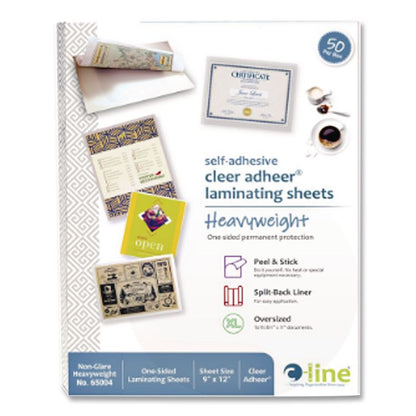Cleer Adheer Self-Adhesive Laminating Film, 2 mil, 9" x 12", Non-Glare Clear, 50/Box