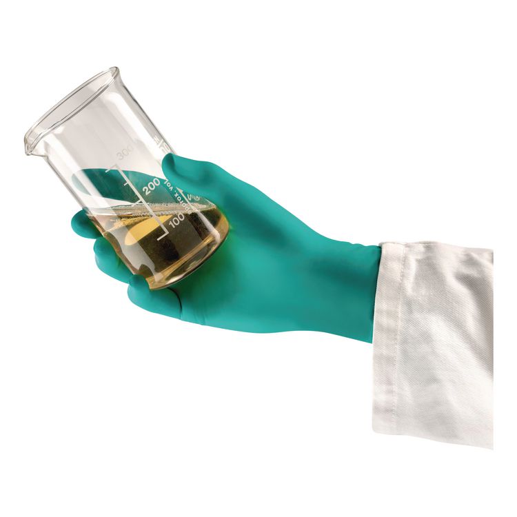 TouchNTuff 92-600 Chemical Splash Protection Gloves, Powder-Free,AQL 4.0,ESD Safe, 2X-Large,4.9 mil,9.45"l,Green,90/Box,10/CT