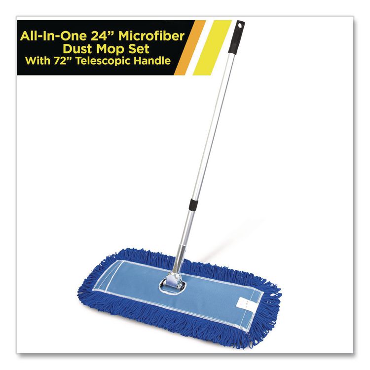 All-In-One 24" Microfiber Dust Mop Set with Telescopic Handle, 24 x 5, Blue, Microfiber Head, 72" Silver Aluminum Handle
